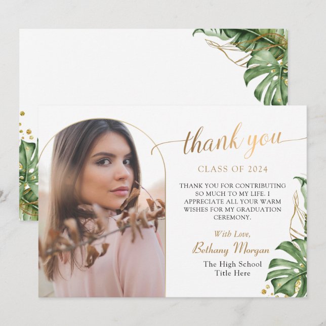 Tropical Greenery Gold Arch Photo Graduation Thank You Card (Front/Back)