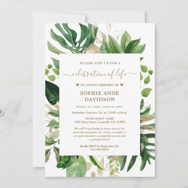 Tropical Greenery Gold Funeral Memorial Invitation (Front)