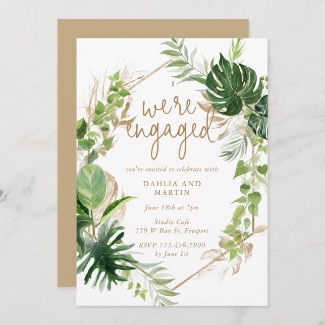 Tropical Greenery Gold Geometric Engagement Party Invitation (Front/Back)