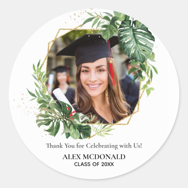Tropical Greenery Gold Geometric Graduation Favour Classic Round Sticker (Front)