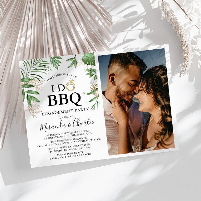 Tropical Greenery & Gold 'I Do BBQ' Couple Photo Invitation (Creator Uploaded)
