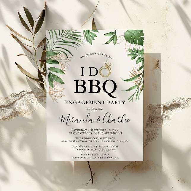 Tropical Greenery & Gold  'I Do BBQ' Engagement Invitation (Creator Uploaded)