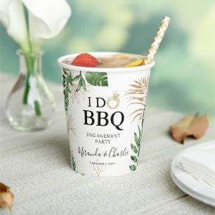Tropical Greenery & Gold  'I Do BBQ' Engagement Paper Cups