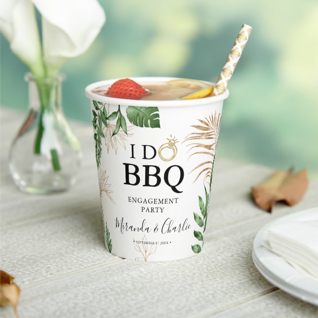 Tropical Greenery & Gold  'I Do BBQ' Engagement Paper Cups (Insitu)