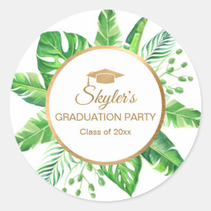 Tropical Greenery Gold Themed Graduation Party Classic Round Sticker