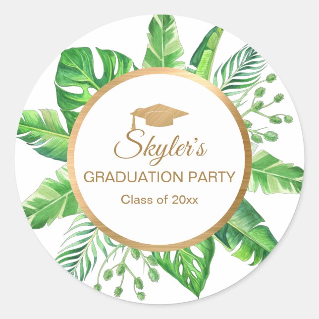 Tropical Greenery Gold Themed Graduation Party Classic Round Sticker (Front)