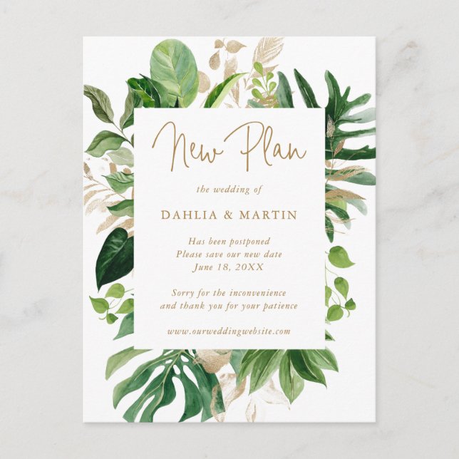 Tropical Greenery Gold Wedding Postponement Announcement Postcard (Front)