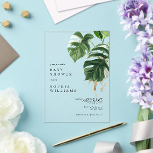 Tropical Greenery Leaves Modern Baby Shower Acrylic Invitations