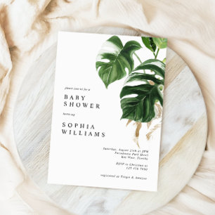 Tropical Greenery Leaves Modern Baby Shower Invitation