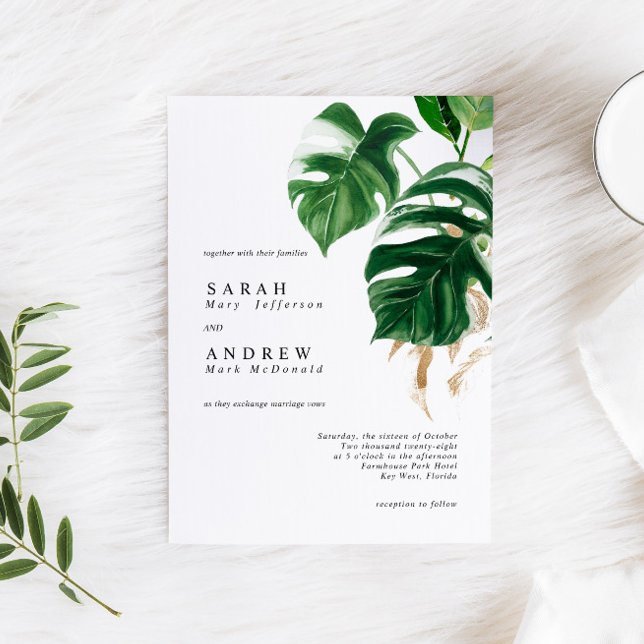 Tropical Greenery Leaves Modern Minimal Wedding Invitation (Creator Uploaded)