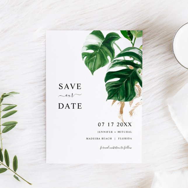 Tropical Greenery Leaves Modern SAVE THE DATE Invi Invitation (Creator Uploaded)