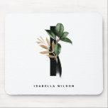 Tropical Greenery Letter I Monogram Personalised Mouse Pad<br><div class="desc">Customisable letter I monogram mousepad featuring watercolor tropical rubber plant leaf,  faux gold foil leaf and black watercolor brush accents. Personalise this tropical monogram mousepad by your name or other details. This boho letter I monogram mousepad will be perfect as a gift. Other letters are available.</div>