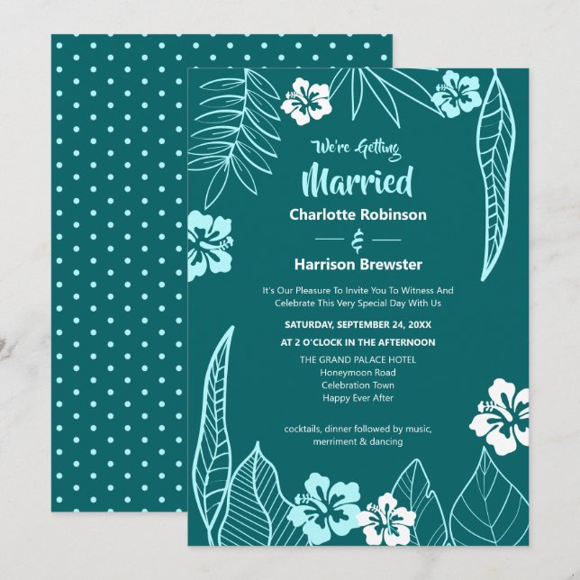 Tropical  Greenery Modern Turquoise Teal Wedding Invitation (Front/Back)