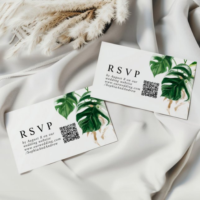 Tropical Greenery Modern Wedding QR RSVP Enclosure Card (Creator Uploaded)