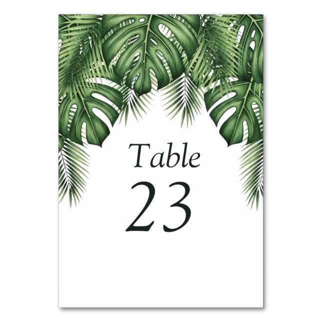 Tropical Greenery Monstera Wedding Table Number  (Front)