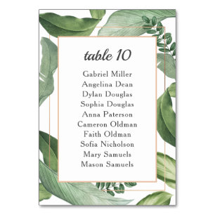 Tropical Greenery. Nature Wedding seating chart Table Number