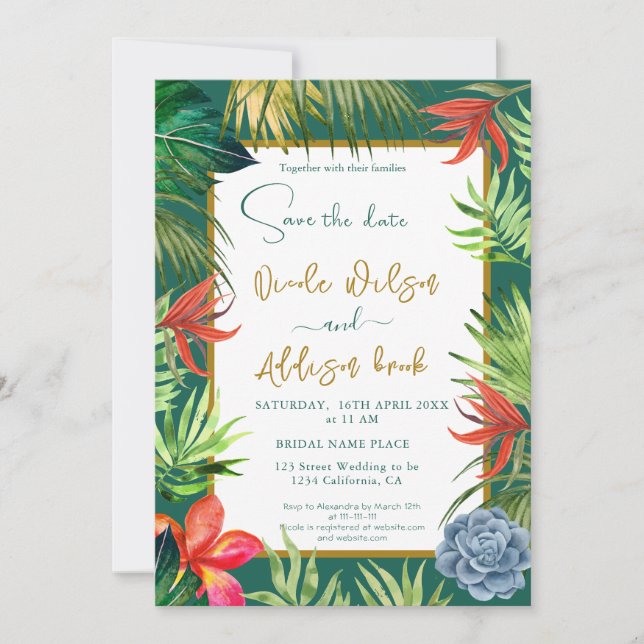 Tropical greenery palm gold script invitation (Front)