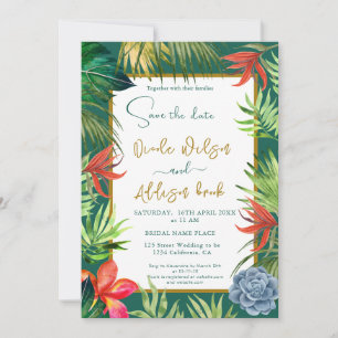Tropical greenery palm gold script invitation
