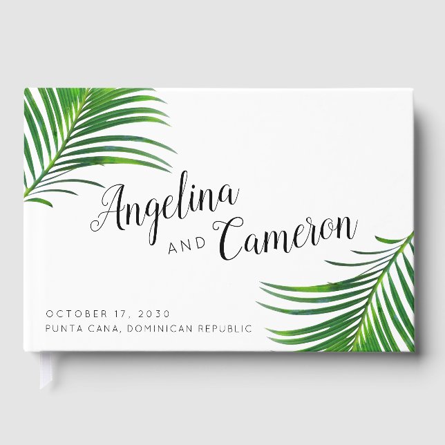 Tropical Greenery Palm Leaves Beach Wedding Guest Book (Front)