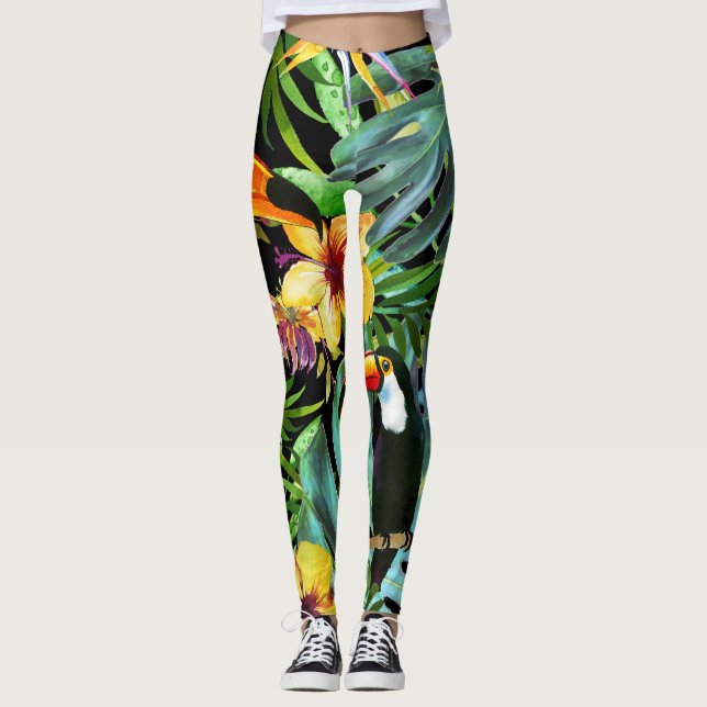 Tropical Greenery Palm Leaves Floral Toucan Modern Leggings (Front)