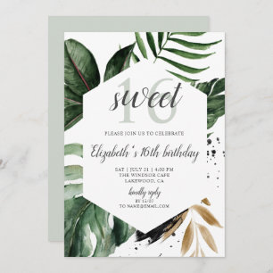 Tropical Greenery Palm Leaves Sweet 16 Invitation