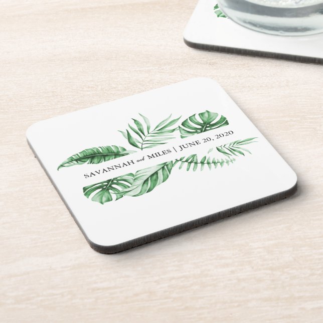 Tropical Greenery Palm Wedding Monogram Cork Back  Coaster (Left Side)