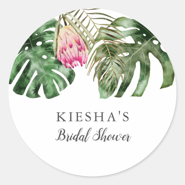 Tropical Greenery Pink Floral Bridal Shower Classic Round Sticker (Front)