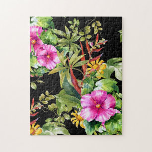 Tropical Greenery Pink Yellow Boho Floral Jigsaw Puzzle
