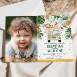 Tropical Greenery Safari Animals Wild One Birthday Invitation<br><div class="desc">Safari themed birthday photo invitation featuring tropical green and gold watercolor greenery and a group of cute jungle animals</div>