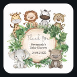 Tropical Greenery Safari Jungle Baby Animals Favou Square Sticker<br><div class="desc">This design features rustic watercolor botanical greenery and adorable jungle animals</div>