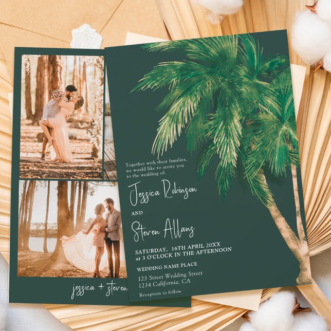 Tropical greenery script palm tree 3 photo wedding invitation (Creator Uploaded)