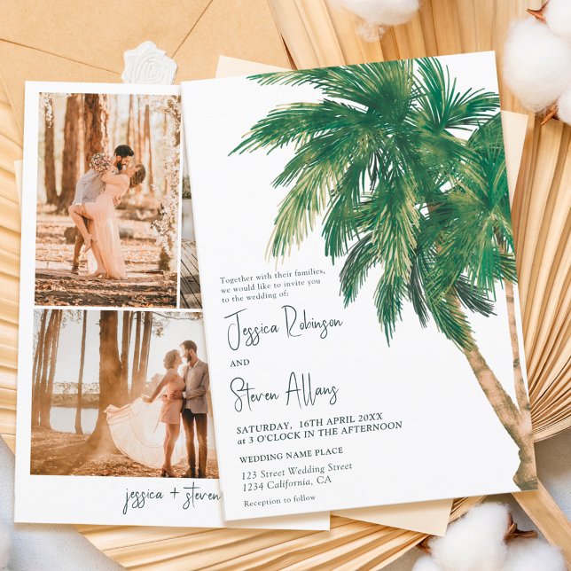 Tropical greenery script palm tree 3 photo wedding invitation (Creator Uploaded)