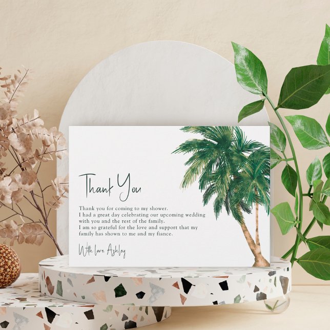 Tropical greenery script palm tree bridal shower thank you card (Creator Uploaded)