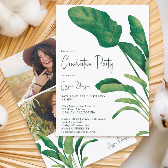 Tropical greenery script plant 3 photos graduation invitation (Creator Uploaded)