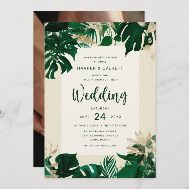 Tropical Greenery Theme with Photo Back Wedding Invitation (Front/Back)