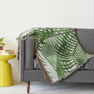 Tropical Greenery Watercolor Palm Tree Leaves  Throw Blanket