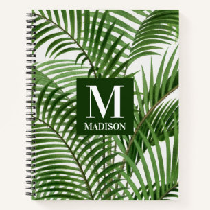 Tropical Greenery Watercolor Palm Tree Monogrammed Notebook