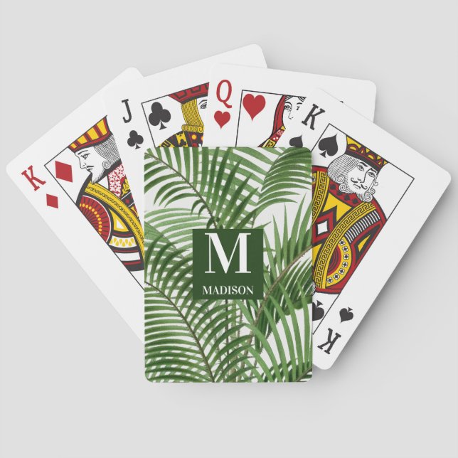 Tropical Greenery Watercolor Palm Tree Monogrammed Playing Cards (Back)