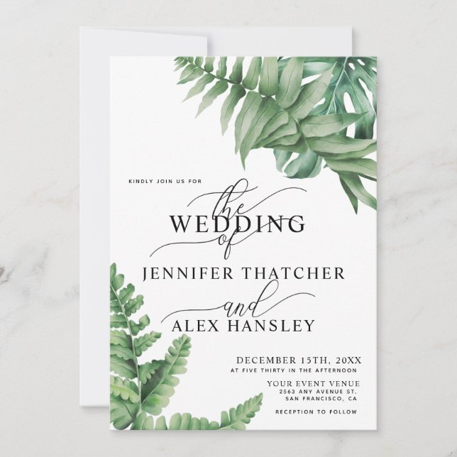 Tropical Greenery Watercolor  QR Code Wedding Invitation (Front)