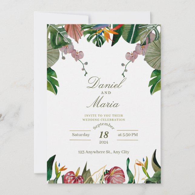 Tropical Greenery Watercolor Wedding Invitation  (Front)