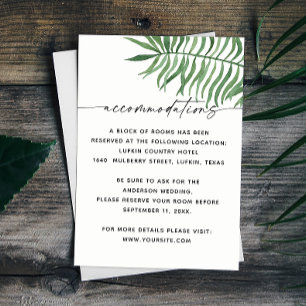 Tropical greenery wedding accommodations / details enclosure card