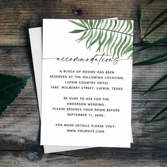 Tropical greenery wedding accommodations / details enclosure card (Creator Uploaded)