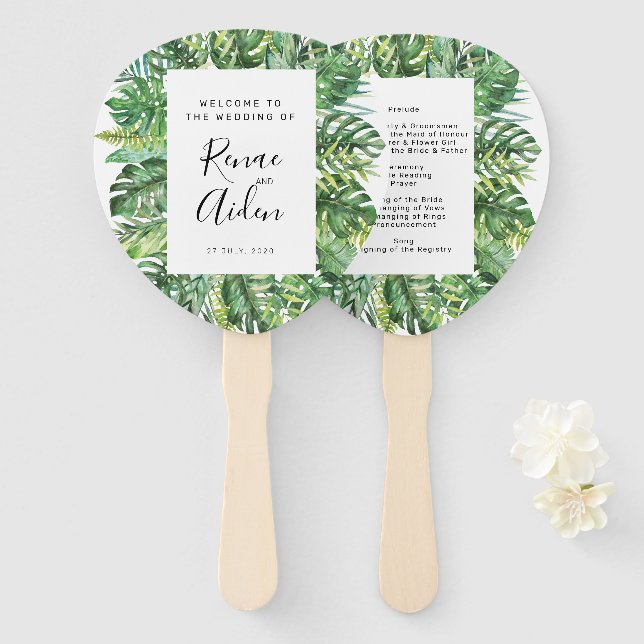 Tropical Greenery Wedding Program Fan (Front and Back)