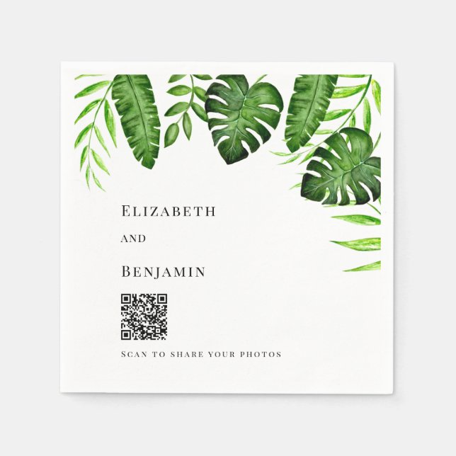 Tropical Greenery Wedding QR Code Photo Share Napkin (Front)