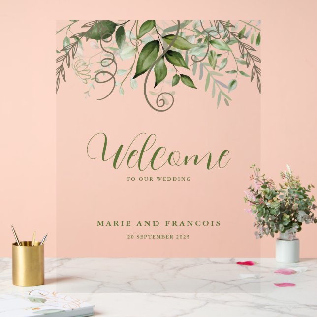 Tropical Greenery Wedding Welcome Clear Acrylic Sign (Wedding)