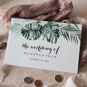 Tropical Greenery White Floral Calligraphy Wedding Guest Book