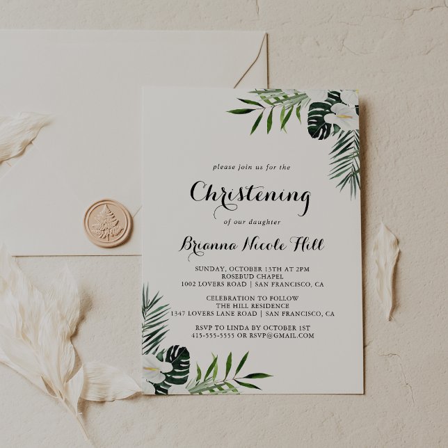 Tropical Greenery White Floral Christening Invitation (Creator Uploaded)