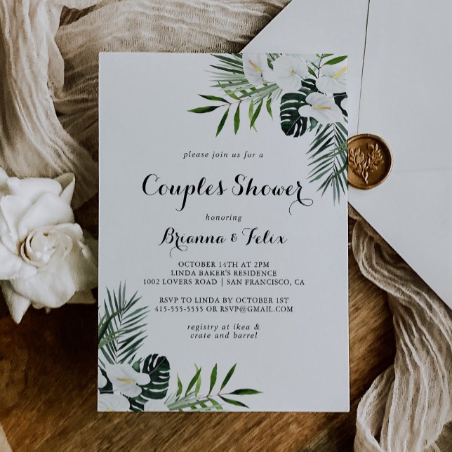 Tropical Greenery White Floral Couples Shower Invitation (Creator Uploaded)