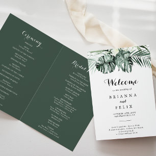 Tropical Greenery White Floral Folded Wedding Program