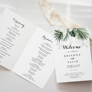 Tropical Greenery White Floral Folded Wedding Program